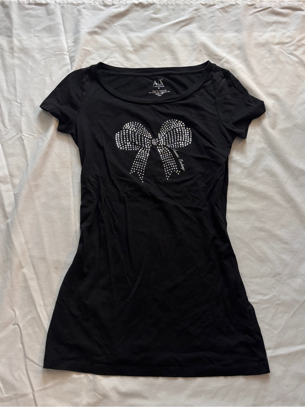 A/X Armani Exchange Black Short Sleeve Bow Rhinestone Tee 2000’ss